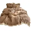 Juego de ropa de cama Melard de cuatro piezas, color café, doble capa, con volantes y adornos de lazo, de algodón lavado, ultra suave y cómodo, en un diseño estilo princesa