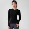 Camiseta Deportiva de Punto sin Costuras de una Sola Pieza, Manga Larga, Cuello Redondo, Corte Ajustado, Agujero para el Pulgar, Elástica, Transpirable, Capa Base para Fitness, Yoga, Entrenamiento