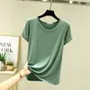 Camiseta casual feminina estilo coreano para primavera e verão, cor sólida nova, estilo preguiçoso, gola redonda elegante, manga curta, corte solto, simples