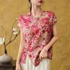 Nueva Camisa Estampada Estilo Chino Nacional Estilo Tang para Mujer, Diseño de Verano con Tapeta Diagonal y Cierre de Botones, Blusa Única de Manga Corta