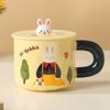 Caneca fofa com tampa e colher, para menina, de alta qualidade, para apertar com a mão, de casal, cerâmica, para escritório e casa, coelho Caneca