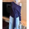Camiseta Morada Asimétrica con Lazo, Hombros Descubiertos, Manga Larga para Mujer, Estilo Coreano Primavera y Otoño, Diseño que Ceñe la Cintura, Top Casual de un Hombro