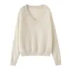 Camiseta base de punto para mujer con mangas raglán, cuello en V simple y versátil, 100% cachemira pura, jersey grueso cepillado