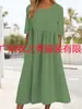 Amazon Transfronterizo Europeo y Americano Tallas Grandes Ropa para Mujer Vestido de Manga Media Plisado con Costuras Retro de Algodón, Lino y Lino