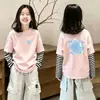 Camiseta Listrada de Manga Longa Casual Estilo Coreano para Meninas Primavera Outono Crianças Médias e Grandes Solta Estampada Algodão Puro Camada Base Tendência