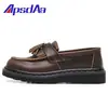 Mocasines Marrones Crazy Horse con Borlas para Mujer, Zapatos de Cuero Genuino de Caña Baja, Cuero de Primera Capa, Estilo Británico, Zapatos Casuales de Moda para Estudiantes con Punta Redonda