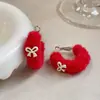 Brincos de Argola de Pelúcia Coloridos Dopamina de Inverno Suaves para Mulheres com Laço Círculos de Lã de Cordeiro Acessórios de Orelha de Nicho Doces