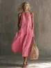 2026 Vestido Midi Vintage de Vacaciones para Mujer Europeo y Americano Amazon con Escote en V y Bolsillos de Parche con Tirantes Estilo Vacacional Vestido con Tirantes