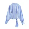Venta al por mayor de ropa para mujer transfronteriza 2025 Nueva versátil camisa de manga larga de un solo botón con cuello camisero a rayas, con cinturón y ajuste en la cintura