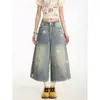 Shorts de mezclilla con estampado de estrellas retro americano para mujer, nuevo estilo moderno, lavado desgastado, pantalones casuales holgados de pierna ancha recortados