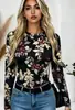 Camiseta de manga larga con cuello redondo para mujer con estampado floral estilo tinta, estilo europeo y americano, elástica, ajustada, versátil y perfecta como capa base