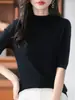 Nuevo suéter de punto de cuello medio alto transfronterizo, fina imitación de lana, diseño elegante con hebilla en la espalda, mangas tres cuartos, adecuado para todas las estaciones.