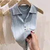 Camisola de punto color albaricoque con cuello polo para mujer, fina de seda helada de verano, ajustada, sin mangas, suéter corto
