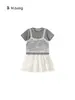 Conjunto de Ropa Infantil Bangxuan para Niñas, Falso Dos Piezas de Encaje con Mangas Cortas, Vestido Blanco de Malla Estilo Pastel, Conjunto de Dos Piezas Moderno para Niños Mayores