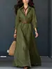 Vestido Chemise de Algodão e Linho Transfronteiriço Outono 2026 para Mulheres, Gola Reversível, Mangas Longas, Cintura Marcada com Cinto, Vestido Longo para Férias