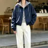 Jaqueta Casual com Capuz Cinza Patchwork Solta Curta Nova Estilo Primavera e Outono 2026 Feminina