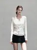 Blusa Falsa de Duas Peças Manga Longa Camiseta Feminina Estilo Francês Nicho Camada Base Design Halter Color Blocking 2778