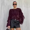 Blusa de Gasa Elegante Color Borgoña con Cuello Redondo y Volantes Estilo Retro Francés para Mujer Diseño Primavera 2026