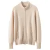 Novo cardigã de cashmere feminino de camada dupla com gola alta para outono e inverno, solto e grosso, com zíperes duplos e bolsos laterais, casaco de tricô