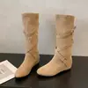 Botas de jinete con hebilla de cinturón, versátiles y estilizan, botas de media pantorrilla para mujer 2026 para uso al aire libre, diseño apilado esmerilado, nuevo estilo coreano de verano