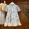 Vestido Saia Cheongsam de Manga Curta de Verão para Meninas Novo Estampa Chinoiserie Saia Floral Infantil Estilo Estrangeiro Chinoiserie Algodão Puro Vestido para Bebê Menina