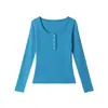 Camiseta Básica de Manga Longa Slim-Fit com Gola U Heyhenry para Outono e Primavera Feminina, Top Slim-Fit Botonê Estilo Americano
