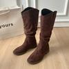 Botas Curtas Marrons de Salto Grosso e Alto para Mulheres 2025 Novas Botas Slouch de Primavera e Outono Botas Ocidentais Cowboy Sichuan Xizang de Cano Alto Botas Martin
