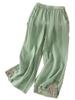 Calça pantalona de algodão e linho estilo étnico calça casual feminina este verão nova calça verde chinesa bordada cintura elástica