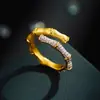Anillo Abierto de Dos Tonos Dorado Cepillado con Junta de Bambú de Estilo Chino Nuevo con Acabado de Alta Gama, Circonita Microincrustada, Anillo Ajustable para Dedo Índice para Mujer