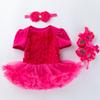 Transfronterizo Recién Nacido 0-2 Años Bebé Niña Verano Manga Corta Vestido de Flor Rosa Compuesta y Zapatos Conjunto de Tres Piezas