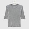 Camiseta Básica de Punto Redonda de Seda y Lana de Manga Media para Mujer, Top Delgado de Punto de Seda para Verano