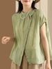 Camisa de Râmio de Estilo Chinês Novo com Lapela Inclinada para Mulheres, Top Fino de Verão, Camisa de Cor Sólida Artística e Versátil