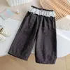 Pantalones Largos de Pierna Ancha Florales con Cintura de Encaje para Niñas, Estilo Coreano Dulce, Holgados, Rectos, Casual, Versátiles, para Primavera y Otoño