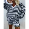 Conjunto de Shorts com Manga Longa Solto Listrado Feminino Moda Casual Duas Peças Europeu Americano Transfronteiriço Novo Estilo Verão Tendência