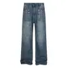 2025 Novo Outono Azul Desgastado Bigodes Lavado Quadrado Decorado Rua Americana Calça Jeans Reta Solta