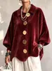 Camisa Veludo Retro Europeia e Americana Feminina 2026 Nova Solta Lapela Botão de Metal Estilo Preguiçoso Manga Longa Top Peça de Exterior Não