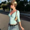 Tops Femininos Y2K Verão Europeus e Americanos Sexy Decote V Nicho Emagrecedor Cor Sólida Manga Curta Camiseta Simples Elegante Casual Versátil
