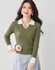 Estilo Preguiçoso Cor Contrastante Manga Longa Tricô Top Feminino 2026 Outono Novo Design Sense Solto Falso Duas Peças Top