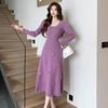 Vestido Simples de Tricô Transfronteiriço 2025 para Mulheres Outono e Inverno Mangas Bufantes Estilo Francês de Alta Qualidade Aparência Emagrecedora Flor