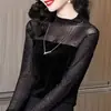 Blusa de encaje patchwork brillante para mujer, nuevo estilo otoño/invierno, con hilos relucientes, corte ajustado y silueta favorecedora, con cuello semi-alto, perfecta como capa base