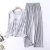Pijama de Primavera e Outono para Mulheres com Bojo Embutido e Copas de Cinco Dedos, Conjunto de Inverno, Roupa de Casa Solta Plus Size, Blusa de Outono e Calça de Outono