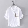 Camisa de Lino y Algodón con Cuello a Juego de Colores Japonesa para Hombre, Manga Siete Octavos a la Moda, Estilo Coreano, Manga Siete Octavos, Lino, Camisa de Manga Media