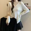 Camiseta de manga larga con cuello en V para mujer, nuevo estilo primavera-verano 2026, talla grande, corte holgado, adelgazante, top con cordón para mujer