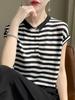 2024 verão novo all-match ombro manga curta camiseta feminina solta fina gelo seda listrado top camisa polo