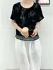 Elegante Camisa de Malla Estampada de Terciopelo para Mujer, Estilo Nuevo Verano 2026, Cuello Redondo, Botón Trasero, Manga Corta