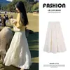 Saia Midi Jacquard de Renda Branca para Mulheres, Novo Estilo Outono/Inverno 2025, Petite, Forrada com Fleece, Saia Boluda de Camadas