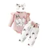 Macacão de bebê europeu e americano de letras com manga comprida e formato triangular, calça com laço, top para primavera e outono, calça de borboleta e elefante