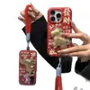 Funda dorada para teléfono con patrón de cuero de poni de Año Nuevo con cordón para Apple 17/16/15 Pro Max, Vivo y Huawei