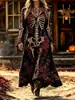 Vestido Longo de Festa Feminino Halloween Estilo Dark Vintage com Estampa de Caveira e Rosa Decote V Manga Longa