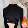 Camiseta Estilosa Feminina Outono/Inverno 2026 Novo Estilo Gola Meia-Alta Jovem Manga Longa Canelada Elástica Forrada com Fleece